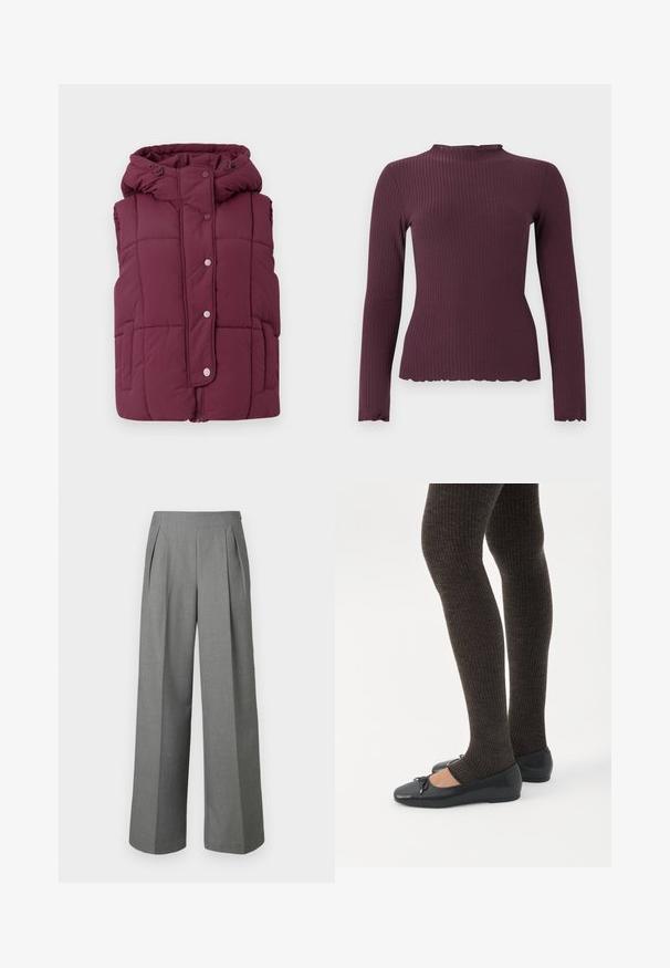 JDY JDYWONDER SHORT HOOD - Vest - fig; Langærmet ribstrikket top i mørk blommefarve med en let rynket rund halsudskæring og kant, tætsiddende silhuet.; Grå bukser med høj talje og vide ben, med forreste folder og sidelås, lavet af tekstureret stof.; Ben iført mørke ribbede leggings kombineret med sorte balletsko med små sløjfedetaljer på hvid baggrund.