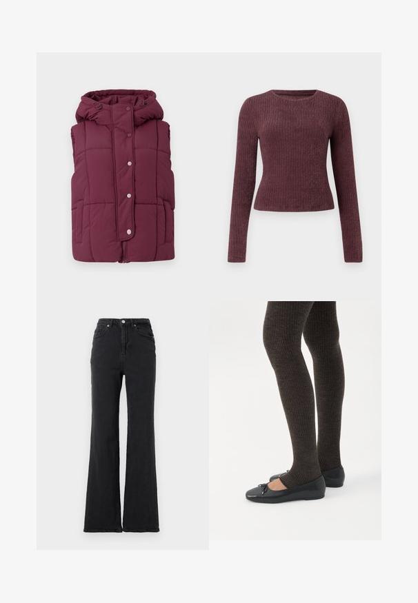 JDY JDYWONDER SHORT HOOD - Bodywarmer - fig; Langarm, ribbeltrui in diep bordeaux. Kenmerkt zich door een ronde halslijn en een aansluitende pasvorm. Gemaakt van zachte, gestructureerde stof.; Zwarte high-waisted denimjeans met een uitlopende pijp, een knoop aan de voorkant en een vijf-pocket ontwerp tegen een effen witte achtergrond.; Benen met donkere geribbelde leggings gecombineerd met zwarte ballerina's met kleine strikdetails op een witte achtergrond.