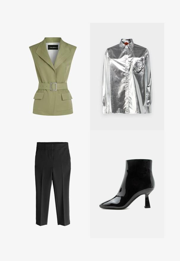Olivenfarvet vest med bælte og skarp krave, der har to forlommer og en struktureret form, designet i et glat stof.; MCM METALLIC SHIRT - Skjortebluser - silver; Sorte cropped bukser med bred talje, der har en glat tekstur, tapered ben og sideslids i kanten for ekstra detalje.; Sort blank laklæder ankelstøvle med spids tå og udvidet mellemhøj hæl på hvid baggrund.