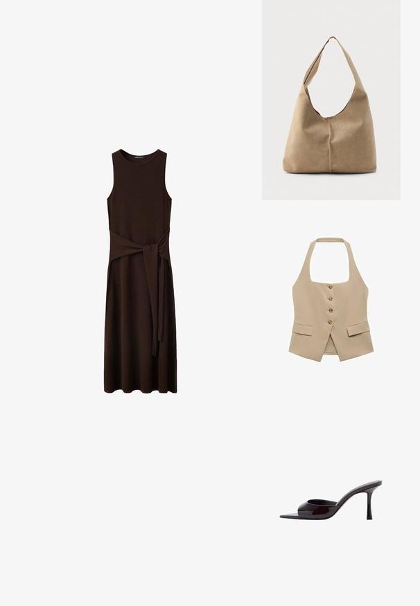 Chaleco beige de cuello halter con forma ajustada, cierre de cinco botones y dos bolsillos frontales. Fabricado en una tela suave con un acabado limpio.; Vestido midi marrón oscuro sin mangas con escote redondo y cinturón de tela unido y anudado en la cintura, mostrado sobre fondo blanco.; Mule negra de charol con puntera abierta, tacón stiletto delgado de altura media y correa superior de corte bajo.; Bolso tipo hobo en suave ante beige con forma caída, amplia correa para el hombro y un detalle de costura a mano en la parte delantera.