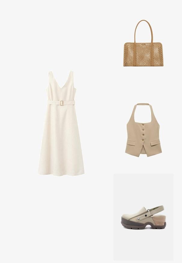 Chaleco beige de cuello halter con forma ajustada, cierre de cinco botones y dos bolsillos frontales. Fabricado en una tela suave con un acabado limpio.; Vestido midi beige sin mangas con escote en V y cinturón a juego con hebilla rectangular en la cintura.; Zueco beige de punta cerrada con correa ajustable en el tobillo, suela gruesa marrón con dibujo, y tacón de bloque con textura de madera.; Bolso rectangular tejido color cuero claro con dos asas largas y lisas y un patrón de celosía abierta en todo el cuerpo del bolso.