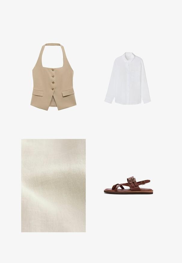 Chaleco beige de cuello halter con forma ajustada, cierre de cinco botones y dos bolsillos frontales. Fabricado en una tela suave con un acabado limpio.; Camisa blanca de manga larga con botones, cuello y un único bolsillo en el pecho, extendida sobre un fondo blanco.; Tejido texturizado de color beige claro con un patrón tejido, que muestra sutiles variaciones en color y detalle en la superficie. Textura suave y lisa en general.; Sandalia plana de cuero marrón con dos correas frontales, dos hebillas ajustables en la correa del tobillo y una suela acolchada.