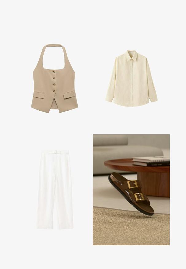Chaleco beige de cuello halter con forma ajustada, cierre de cinco botones y dos bolsillos frontales. Fabricado en una tela suave con un acabado limpio.; Camisa beige de manga larga con botones, con sutiles rayas verticales y cuello puntiagudo, mostrada sobre un fondo blanco.; Pantalones blancos de pierna ancha y talle alto con cinturón de la misma tela y bolsillos laterales, mostrados sobre un fondo blanco liso.; Sandalia tipo slide marrón de doble correa con hebillas doradas flotando sobre una alfombra beige texturizada, cerca de una mesa de café de madera y un sofá claro.