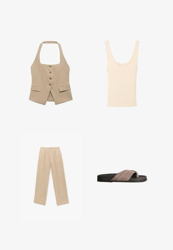 Chaleco beige de cuello halter con forma ajustada, cierre de cinco botones y dos bolsillos frontales. Fabricado en una tela suave con un acabado limpio.; Top de tirantes acanalado color crema con tirantes anchos y delicado borde con volantes a lo largo del escote y las sisas.; Pantalones de lino beige con una cintura alta, corte de pierna ancha y pliegues frontales. Textura suave y diseño minimalista. Sin bolsillos ni herrajes visibles.; Sandalia tipo slide de ante marrón con una correa gruesa y texturizada y una suela plana negra. Presenta un diseño minimalista y estilo de punta abierta.