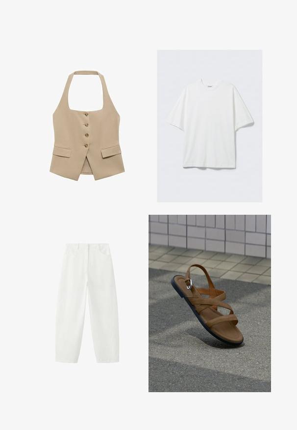 Chaleco beige de cuello halter con forma ajustada, cierre de cinco botones y dos bolsillos frontales. Fabricado en una tela suave con un acabado limpio.; Camiseta blanca de algodón de manga corta y corte oversize con cuello redondo y una pequeña etiqueta de la marca en el interior del cuello.; Pantalones blancos de talle alto y corte recto, con trabillas para cinturón, bolsillos delanteros y cierre oculto con botón y cremallera.; Sandalia marrón con tiras cruzadas y suela negra parece flotar sobre una superficie pavimentada, con una pared alicatada de fondo.