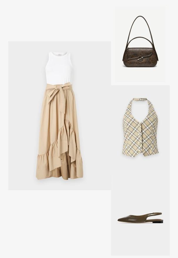 Beige haltertop in ruitpatroon met zwart-witte accenten, voorzien van een diepe V-hals en vijf knopen aan de voorkant. De stof heeft een gladde textuur.; Mouwloze witte topjurk met beige hoge taille rok, gerimpelde zoom en grote gestrikte strikriem in de taille.; Olijfgroene platte slingback met spitse neus, lage zwarte hak en een gladde, glanzende afwerking.; Donkerbruine lederen handtas met textuur, twee hengsels, afgeronde rechthoekige vorm en zilveren cirkelvormige sluiting op de voorflap.
