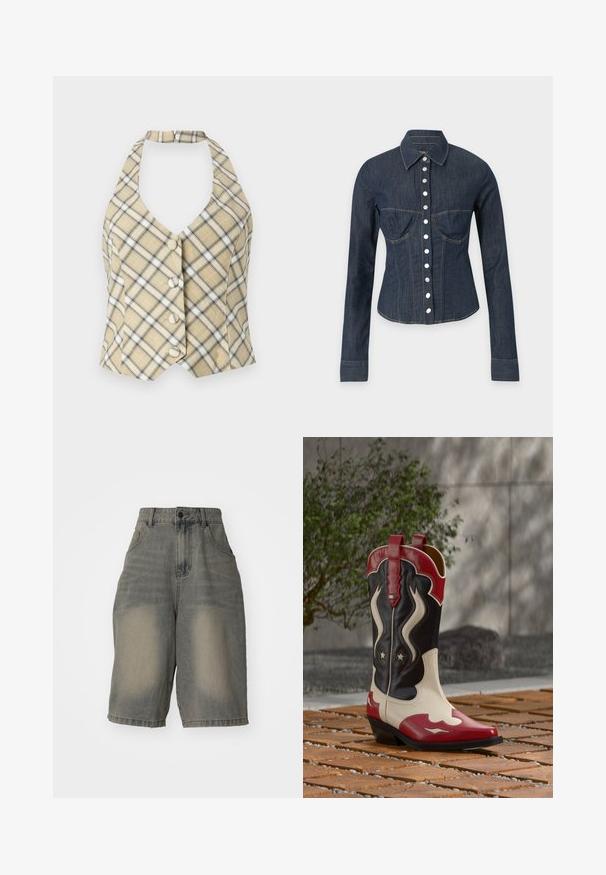 Beige haltertop in ruitpatroon met zwart-witte accenten, voorzien van een diepe V-hals en vijf knopen aan de voorkant. De stof heeft een gladde textuur.; Donkerblauw denim overhemd met lange mouwen en zilverkleurige drukknoopjes aan de voorkant, met gestikte naden op de borst en taille.; Jaded London LIGHT WASH JUMBO JORTS - Jeansshort - light wash; Rode, zwarte en witte cowboylaars met ster- en vlamontwerpen, geplaatst op een bakstenen oppervlak met een vervaagde plant en muur op de achtergrond.