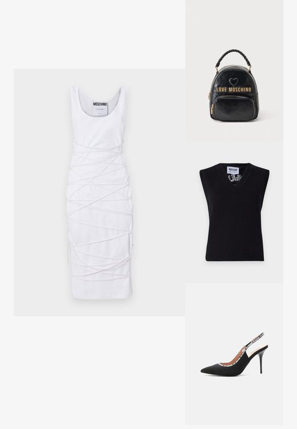 Sort, ærmeløs strik top med V-udskæring. Har ribbet kant og et mønster synligt omkring halsudskæringen. Etiketten siger "MOSCHINO JEANS."; Hvid ærmeløs kjole med rund halsudskæring, der har et unikt design med snoede stofdetaljer og sideslids for ekstra detalje.; Love Moschino LOGO TAPE - Højhælede pumps - black; Sort læder Love Moschino rygsæk med flettet håndtag, frontlomme, guld lynlåse og hjerte-detalje over logoet.