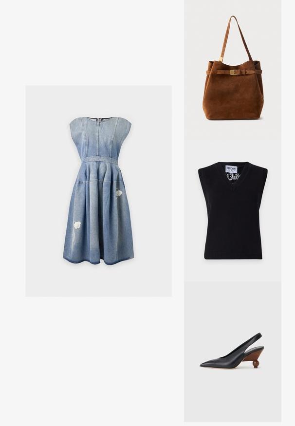 Sort, ærmeløs strik top med V-udskæring. Har ribbet kant og et mønster synligt omkring halsudskæringen. Etiketten siger "MOSCHINO JEANS."; Blå ærmeløs denimkjole med tætsiddende bodice, udvidet skørt og hvid blomsterbroderi på skørtets paneler.; Sort slingback-sko med spids tå, træblokhæl med rund form og glat læderoverdel på en lysegrå baggrund.; Brun ruskindstaske med en enkelt skulderrem og en vandret bælte detalje med en guldbeslået spænde foran.
