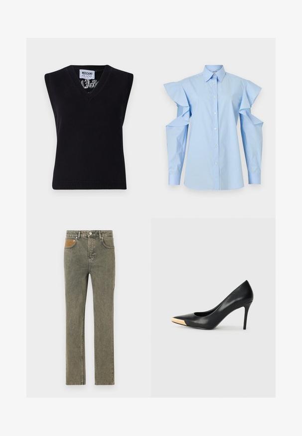 Sort, ærmeløs strik top med V-udskæring. Har ribbet kant og et mønster synligt omkring halsudskæringen. Etiketten siger "MOSCHINO JEANS."; Lyseblå bluse med knapper, spids krave og lange ærmer med udskårne skuldre og flæsedetaljer.; Grønne denimjeans med lige ben, der har en brun corduroy-lomme som accent og subtilt slid på hele stoffet.; Sort læder stiletter med spids tå; har et metalisk guldakcent på tåkapperne. Glat overflade med et strømlinet design.