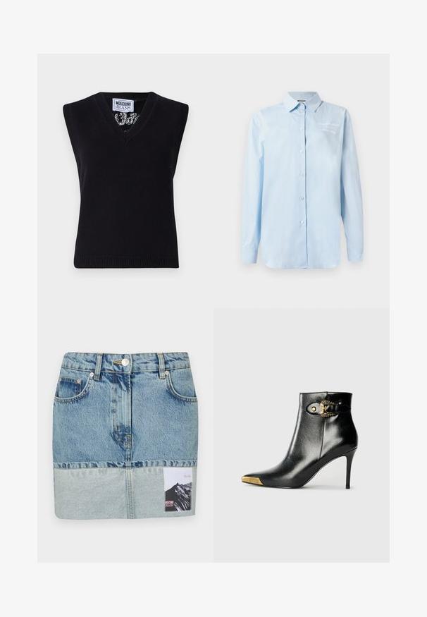Must mustata top V-kaelusega. Omab ribadega äärt ja silmapaistvat mustrit kaeluse ümber. Silt ütleb "MOSCHINO JEANS."; Heledsinine puuvillane särk, millel on klassikaline krae, pikad varrukad ja broderie detail vasakul ülal.; Denim mini seelik, millel on gradient sinine värviskeem, viie tasku disain, hõbedane tarvik ja trükitud silt mäe graafikuga.; Mustast läikivast nahast pahkluu saabas, millel on terav nina, kontsasstiletokonts ja kuldse tooniga riistvara koos dekoratiivse pandla detailiga.