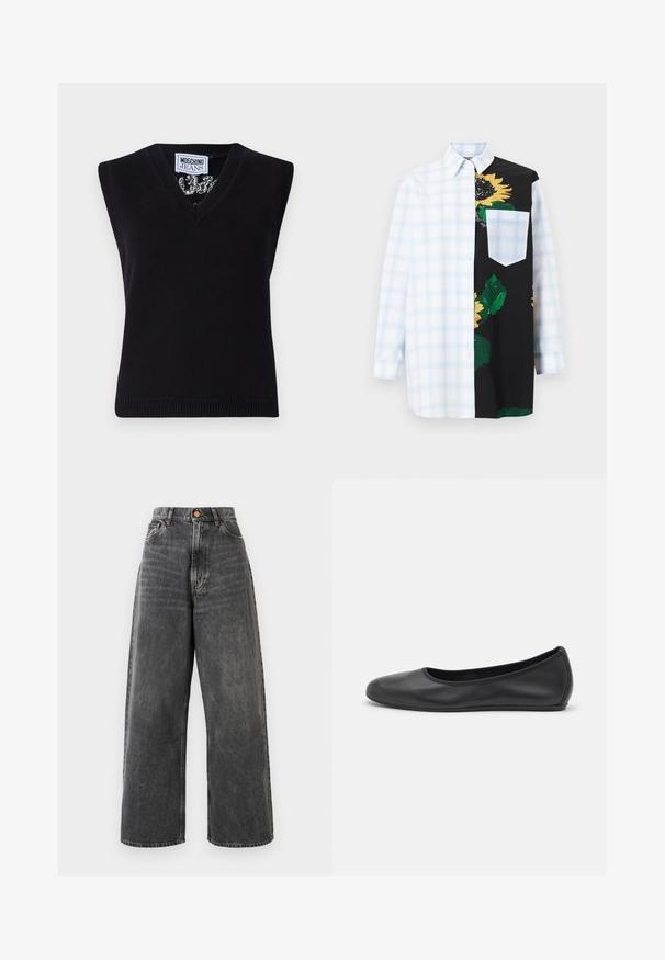 Must mustata top V-kaelusega. Omab ribadega äärt ja silmapaistvat mustrit kaeluse ümber. Silt ütleb "MOSCHINO JEANS."; Pikkade varrukatega triiksärk, millel on ühel küljel valge ja helerohelise ruuduline muster ning teisel küljel must suurte kollaste päevalilledega trükis.; Kõrge vöökoht ja laiad teksad pleekinud mustast denimist, ees on taskud, vöökohal silmused ja vasknööpiga kinnitamine.; Musthave mustika tantsutossud mustast nahast, ümmarguse varbaga, siledast tekstuurist, minimaalse õmblusdetailiga ja paindliku tallakujundusega.
