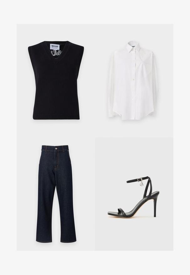 Sort, ærmeløs strik top med V-udskæring. Har ribbet kant og et mønster synligt omkring halsudskæringen. Etiketten siger "MOSCHINO JEANS."; Hvid langærmet skjorte i letvævet stof med klassisk krave, knaplukning og hjerteformet lomme på venstre side.; Mørkeblå denimjeans med høj talje, lige ben, orange syninger og knaplukning. Ingen synlige forlommer.; Sort hæl-sandal med smal ankrem, firkantet tå-boks, glat lædermateriale og metalspænde som pynt.