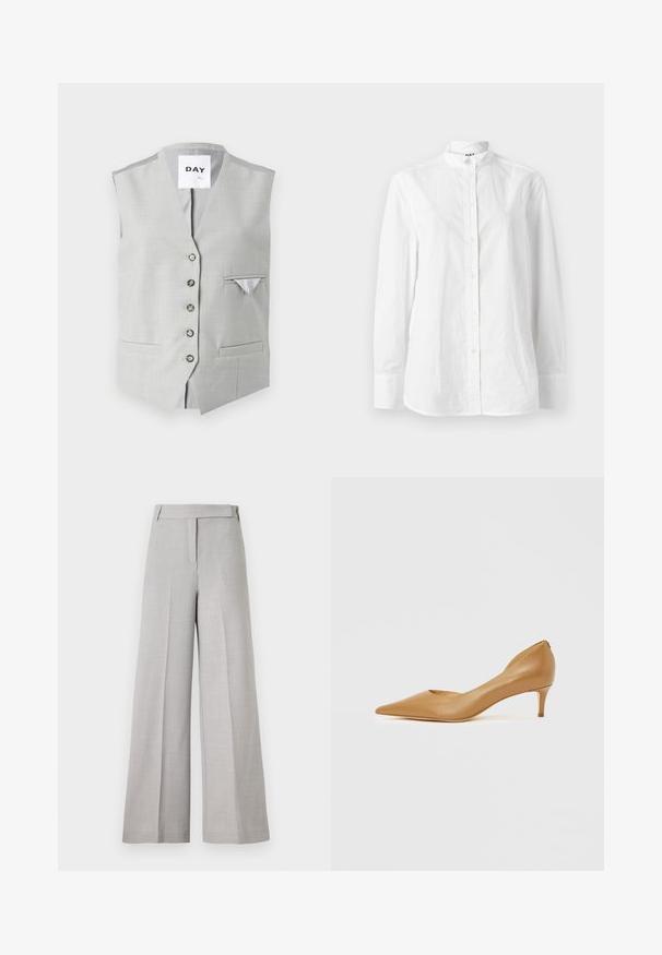 Chaleco gris sin mangas hecho de tela suave. Presenta un cierre de seis botones, dos bolsillos delanteros y un pequeño bolsillo en el pecho con un forro de contraste.; Camisa blanca de manga larga con botones y cuello alto, con una textura suave y una tapeta sutil con botones circulares.; Pantalones de pierna ancha en gris claro con una textura suave, que presentan una cinturilla entallada y un pliegue frontal para un aspecto pulido.; Zapato de salón de cuero color canela con punta puntiaguda y tacón pequeño, con un diseño recortado en el lateral para mayor detalle y textura suave.