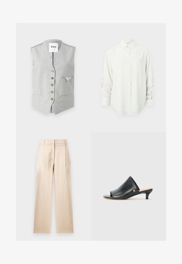 Grijze mouwloze vest gemaakt van gladde stof. Heeft zes knoopsluitingen, twee voorzakken en een kleine borstzak met een contrasterende voering.; Witte blouse met lange mouwen, knoopsluiting en een kraag, met een enkel borstzakje en opgerolde mouwen. Zachte, gladde stof en ontspannen pasvorm.; Beige broek van gladde stof. Met een rechte snit, platte voorkant en twee plooiingen. Geen zichtbare patronen of hardware.; Zwarte leren open teen muiltjes met een lage hak. Heeft een glad oppervlak en een gouden logo accent aan de zijkant.