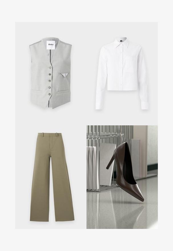 Chaleco gris sin mangas hecho de tela suave. Presenta un cierre de seis botones, dos bolsillos delanteros y un pequeño bolsillo en el pecho con un forro de contraste.; Camisa blanca corta con botones y rayas verticales azul claro, de mangas largas, con un bolsillo en el pecho y cuello clásico. Tejido mezcla de algodón.; Pantalones de pierna ancha en oliva claro con una textura suave, con cremallera frontal, cinturilla con trabillas y dos bolsillos laterales.; Zapato de cuero marrón oscuro con tacón alto flotando sobre un suelo reflectante junto a un estante metálico con paneles blancos en una habitación.