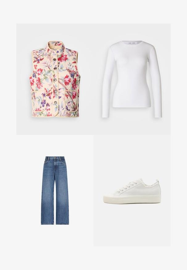 Chaleco de patrón floral en color crema, con un cuello alto, siete botones y dos bolsillos frontales, con una textura acolchada y ribetes en contraste.; Camisa blanca de manga larga hecha de tela acanalada, con un cuello redondo y una forma ajustada. No presenta patrones ni detalles.; Vaqueros azules de cintura alta con pierna ancha, botón y cremallera frontal, trabillas para cinturón y diseño clásico de cinco bolsillos.; Zapatillas de lona blancas con un upper texturizado, puntera redonda, suela plana y cordones en la parte delantera. Cuenta con un cuello ligeramente deshilachado y una lengüeta.