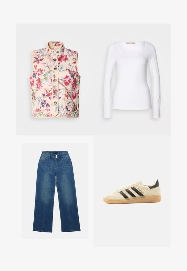 Chaleco de patrón floral en color crema, con un cuello alto, siete botones y dos bolsillos frontales, con una textura acolchada y ribetes en contraste.; Camiseta de algodón blanca de manga larga con escote redondeado y un diseño ajustado, de textura suave y sin adornos.; Jeans de mezclilla azul de pernera ancha con cintura alta, que presentan dos botones, bolsillos frontales y costuras contrastantes en la parte delantera.; Zapatilla de ante color crema con rayas negras, suela de goma, lengüeta negra en el talón y texto dorado "SPEZIAL" en el lateral.