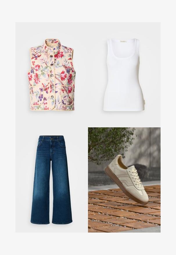 Chaleco de patrón floral en color crema, con un cuello alto, siete botones y dos bolsillos frontales, con una textura acolchada y ribetes en contraste.; Camiseta sin mangas blanca con canalé, escote redondo y tirantes anchos. Presenta una etiqueta con el logo en el dobladillo lateral. Hecha de tela suave y elástica.; Jeans de pierna ancha hechos de denim azul oscuro. Presentan una cintura alta, cierre de botón y un diseño clásico de cinco bolsillos con un ligero desgaste.; Zapatilla de color crema con suela de goma beige texturizada, diseño con cordones y sutiles detalles de marca en el lateral. Parte superior de cuero liso.