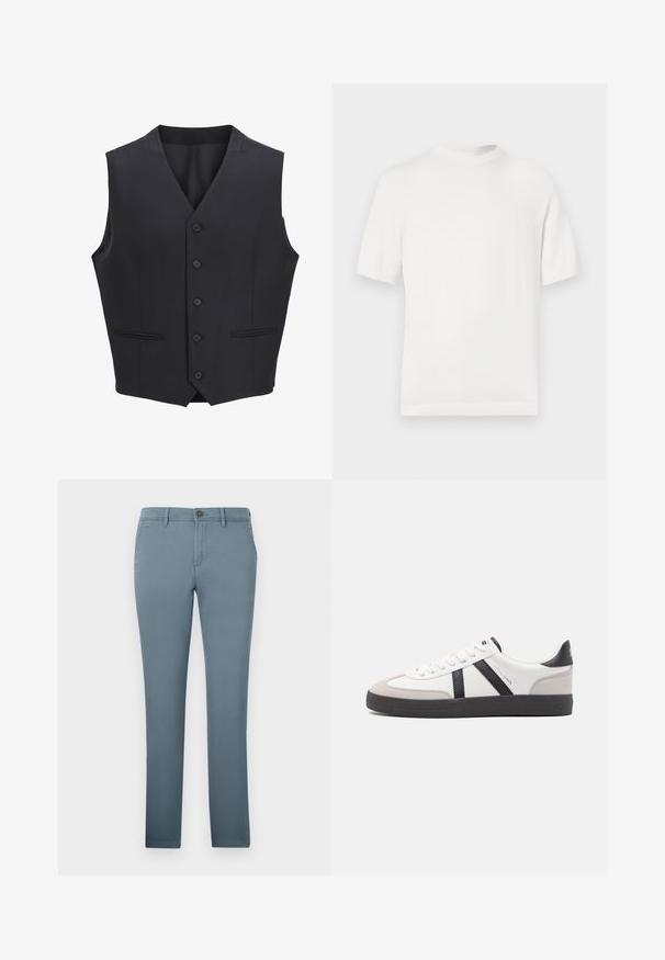 Marineblauwe vest gemaakt van geweven stof, met een V-halslijn, zes knopen aan de voorkant, twee smalle zakken en een gladde textuur.; Witte korte mouwen gebreide t-shirt met een ronde halslijn, met een gladde textuur en ribbelaccenten op de kraag en de zoom.; Lichtblauwe chino's van een katoenmix met een slim fit, voorzien van een knoopsluiting en zijzakken. Gladde textuur zonder patronen.; Witte sneaker met zwarte en grijze accenten, voorzien van een grijze neus met textuur, zwarte rubberen zool en platte witte veters. Schoon ontwerp, minimalistische stijl.