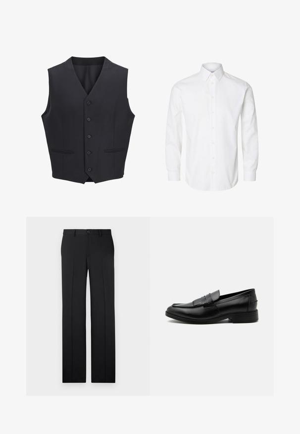 Chaleco azul marino hecho de tejido entrelazado, con escote en V, seis botones frontales, dos bolsillos estrechos y una textura suave.; Camisa blanca de manga larga con cuello puntiagudo, botones visibles en la parte delantera y puños abotonados.; Pantalones negros a medida con corte recto, tejido suave, pliegues frontales y un cierre de botón en la cintura.; Mocasín negro de cuero para hombre con detalle de borlas, punta redondeada, tacón bajo y acabado liso y pulido, mostrado de lado sobre un fondo blanco.