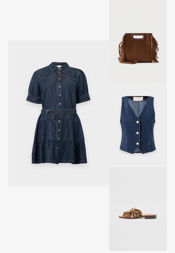 Gilet en denim bleu foncé, avec un col en V, cinq boutons blancs sur le devant, et une silhouette ajustée avec un ourlet légèrement évasé.; Robe en denim bleu foncé avec manches courtes bouffantes, devant boutonné, jupe à volants et ceinture assortie. Présente des détails de couture subtils.; Sandales à talons bas avec imprimé léopard, sangles en cuir beige, bout ouvert. Présentent un design découpé et une partie supérieure en texture douce.; Sac à main en cuir marron avec poignées découpées rectangulaires, longue bandoulière et détails à franges des deux côtés sur un fond uni.