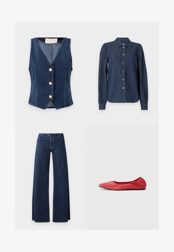 Gilet en denim bleu foncé, avec un col en V, cinq boutons blancs sur le devant, et une silhouette ajustée avec un ourlet légèrement évasé.; Chemise en denim bleu foncé à manches longues, avec fermeture boutonnée sur le devant, col pointu et épaules légèrement bouffantes.; Jeans en denim large de couleur bleu foncé avec des coutures visibles, des poches avant et une fermeture à bouton. Fabriqué en tissu denim résistant.; Filippa K REY FLATS - Ballerines - bright red