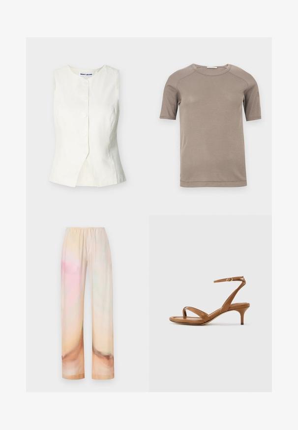 Gilet blanc sans manches à boutons avec encolure ronde et fente frontale subtile, étiqueté DKNY JEANS.; T-shirt beige à manches courtes avec col rond côtelé et coutures visibles aux manches et à l'encolure, présenté à plat sur un fond blanc.; Pantalon en coton à coupe ample avec taille élastique dans un dégradé pastel doux de tons pêche, rose et crème.; Sandale en cuir marron avec lanières, talon bas en forme de petit escarpin et bride à la cheville avec une petite boucle, vue de côté sur un fond uni.