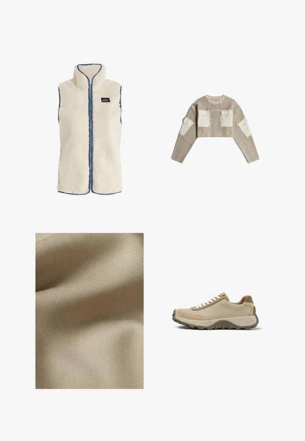 Protest PRTBODHI - Bodywarmer - kitoffwhite; Korte beige gebreide trui met crème stoffen patches op de borstzakken en bovenste mouwen, met ritsen en knopen.; Beige gestructureerde stof met een fijn, ribbelpatroon. Het materiaal lijkt glad met een subtiele glans en valt zacht in plooien.; Beige lage sneaker met witte veters, suède en glad bovenwerk, dikke beige tussenzool en olijfgroene textuur rubberen buitenzool.