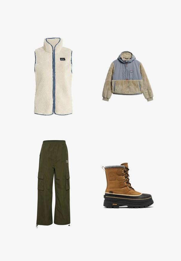 Protest PRTBODHI - Vest - kitoffwhite; Pullover jakke med en grå vandafvisende overdel og beige fleeceærmer og lomme. Har hætte og halv-lynlås lukning.; TheJoggConcept JCFIA - Cargobukser - rifle green; Tan læderstøvle med en grå filtkant, sort gummibase, synlig snøring og Vibram-logo ved hælen. Indeholder vandtætte materialer.
