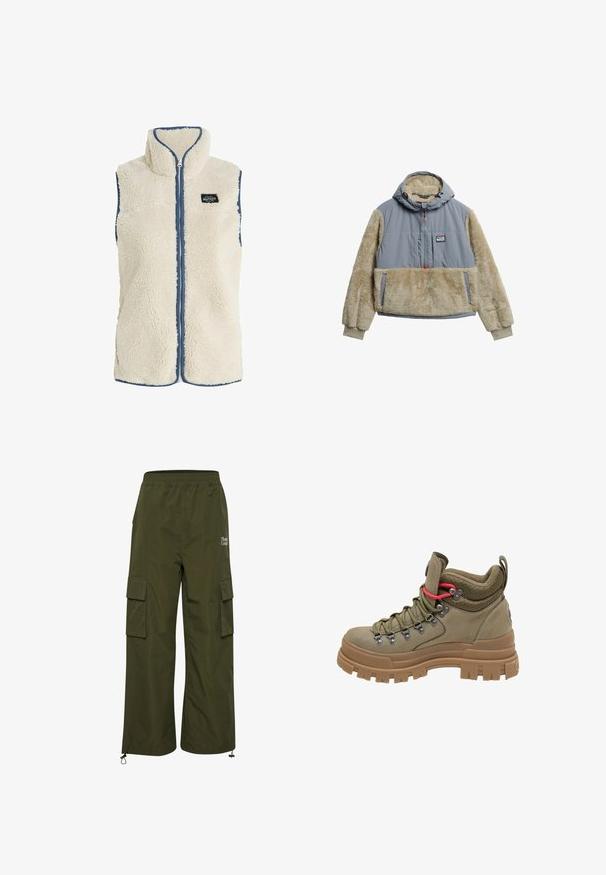 Protest PRTBODHI - Vest - kitoffwhite; Pullover jakke med en grå vandafvisende overdel og beige fleeceærmer og lomme. Har hætte og halv-lynlås lukning.; TheJoggConcept JCFIA - Cargobukser - rifle green; Vandre støvle med højt skaft i olivengrøn med tyk brun gummisål, mesh-polstret krave, metaløjer og rød accent snøreløkke.