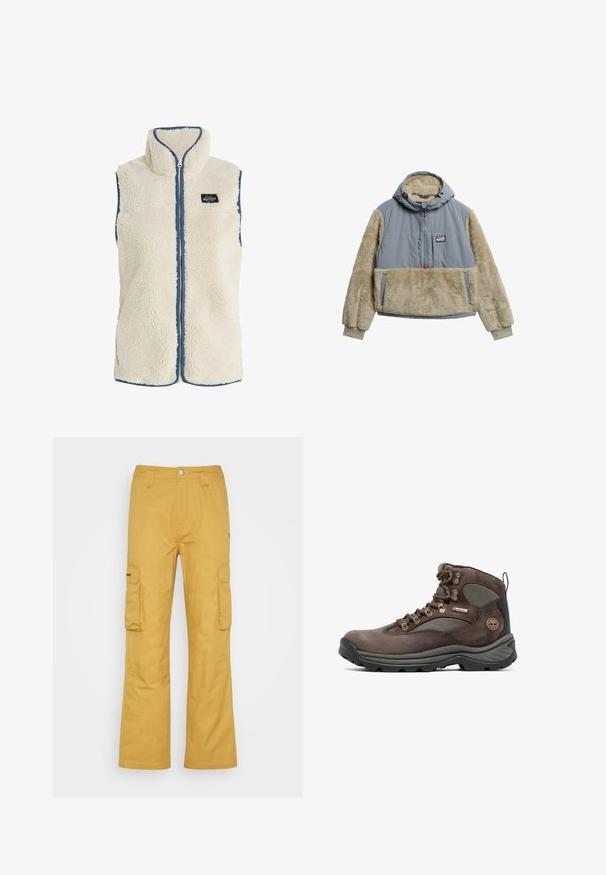Protest PRTBODHI - Vest - kitoffwhite; Pullover jakke med en grå vandafvisende overdel og beige fleeceærmer og lomme. Har hætte og halv-lynlås lukning.; Cargo bukser i en rig sennepsgul farve, lavet af et robust stof. Har to store sidelommer og et lige ben design.; Brun vandrestøvle med overdel i læder og mesh, gummisål, metaløjer og et mærket banner. Designet til holdbarhed og støtte.