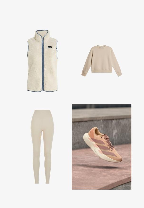 Protest PRTBODHI - Vest - kitoffwhite; Beige langærmet sweatshirt med rund hals, ribbede manchetter og kant, med et lille broderet logo på venstre bryst.; Beige leggings lavet af strækbart stof med en høj talje; glat tekstur, tætsiddende silhuet, ingen synlige mønstre eller hardware detaljer.; Lyserød og beige sneaker med tre striber og tyk sål, svævende over en lyserød betonoverflade med en sløret grå baggrund.