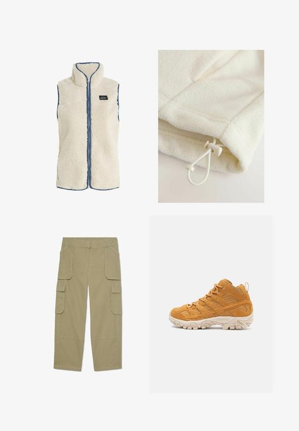 Protest PRTBODHI - Bodywarmer - kitoffwhite; Fleece kledingstuk in off-white met een zachte textuur, voorzien van een touwtje met schuifknop voor verstelbaarheid aan de zoom.; Khakikleuren cargobroek met meerdere klepzakken aan de voorkant en zijkanten, rechte pijpen en riemlussen in de taille.; Hoge wandelschoen in mosterdgeel suede, met textuur overlays, een verstevigde neuskap en een crème-kleurige rubberen outsole.