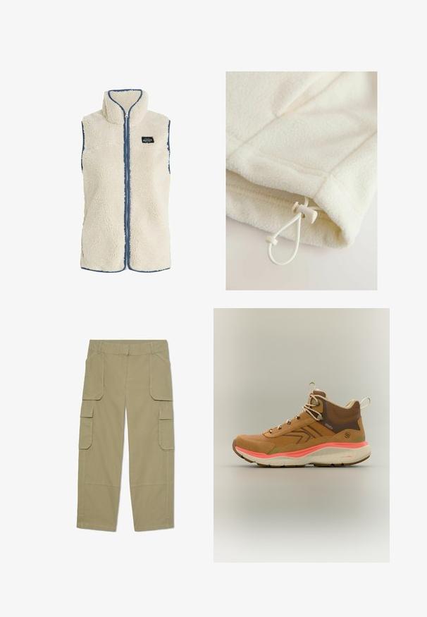 Protest PRTBODHI - Vest - kitoffwhite; Fleece-tøj i off-white med en blød tekstur, der har en toggle og snor til justering nederst.; Khakifarvede cargobukser med flere klaplommer foran og på siderne, lige ben og bæltestropper i taljen.; Brun højtop vandrestøvle med beige snørebånd, polstret ankelkrave, koralfarvet mellemsål og tekstureret gummiydersål på ensartet baggrund.