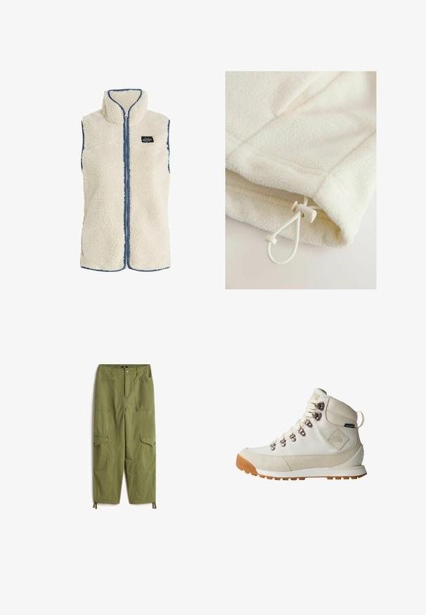 Protest PRTBODHI - Vest - kitoffwhite; Fleece-tøj i off-white med en blød tekstur, der har en toggle og snor til justering nederst.; Olivengrøn cargo-bukser med en tekstureret overflade, der har to forlommer, yderligere sidelommer og justerbare mansjetter ved kanten.; Hvid vandrestøvle med overdel i ruskind og stof, metaløjer og en markant gummisål. Har mærkeaccents og en tekstureret finish.