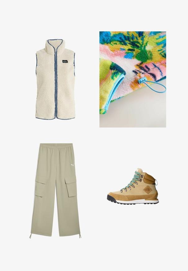 Protest PRTBODHI - Vest - kitoffwhite; Farverigt fleece-tæppe med en blanding af livlige mønstre i grøn, pink og blå, med en lyseblå kant og justerbar snor.; Lys khaki cargo bukser med elastisk talje, to sidelommer og logo detalje. Materialet ser glat ud med en let struktureret overflade.; Tan vandrestøvle med overdel i ruskind og kanvas, turkise snørebånd, polstret krave og sort gummisål med et struktureret grebmønster.
