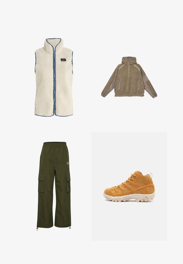 Protest PRTBODHI - Vest - kitoffwhite; Fleece hættetrøje i lys brun med halv lynlås fortil, elastiske manchetter, sidelommer og kontrasterende glatte stofdetaljer.; TheJoggConcept JCFIA - Cargobukser - rifle green; Høje vandresko i sennepsgul ruskind, med strukturerede overlays, en forstærket tåhætte og en cremet gummisål.
