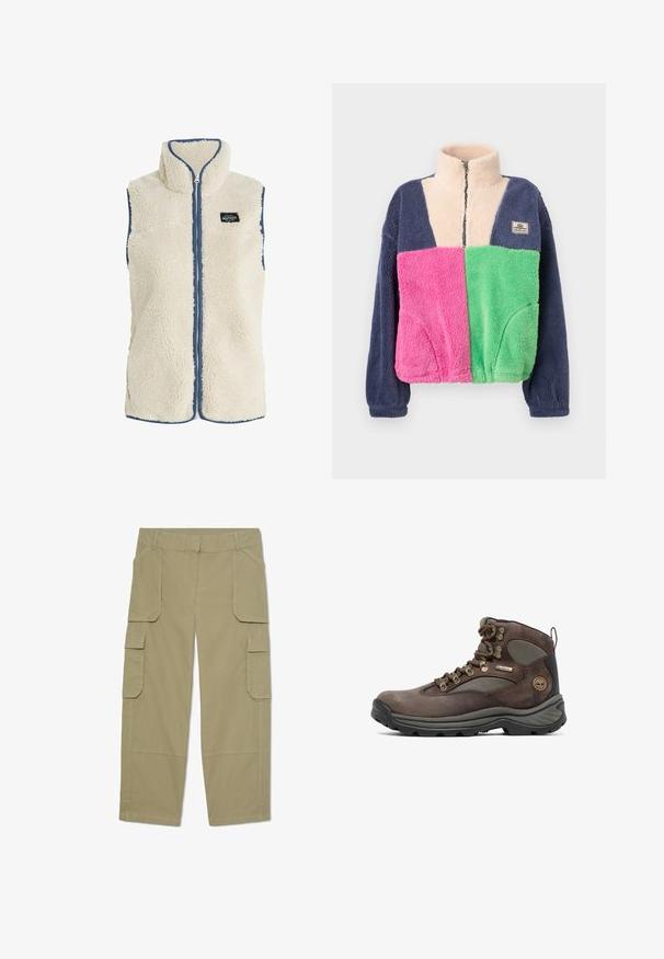 Protest PRTBODHI - Vest - kitoffwhite; Fleecejakke med høj krave, lynlås foran, marineblå ærmer, cremefarvet øvre bryst, pink venstre front og grøn højre frontpaneler.; Khakifarvede cargobukser med flere klaplommer foran og på siderne, lige ben og bæltestropper i taljen.; Brun vandrestøvle med overdel i læder og mesh, gummisål, metaløjer og et mærket banner. Designet til holdbarhed og støtte.