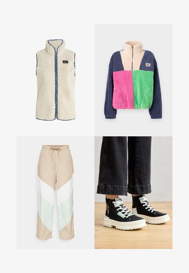 Protest PRTBODHI - Vest - kitoffwhite; Fleecejakke med høj krave, lynlås foran, marineblå ærmer, cremefarvet øvre bryst, pink venstre front og grøn højre frontpaneler.; Letvægtige, farveblokerede bukser har beige, hvid og lys grønne paneler i et chevron-design. Elastisk talje med justerbar snørelukning.; Sorte høje sneakers med hvide gummisåler, tekstureret stof, grønne og orange accenter samt hvide snørebånd. Detaljeret syning på siderne.