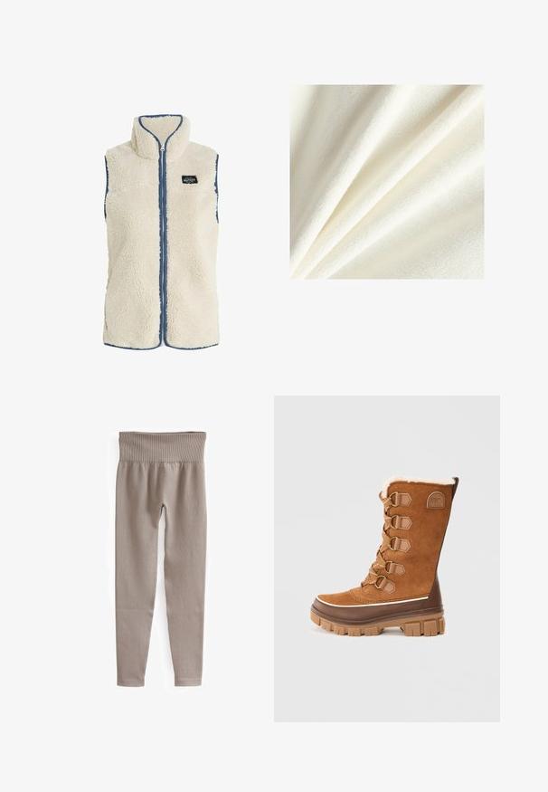 Protest PRTBODHI - Vest - kitoffwhite; Hvid fleece-stof med en blød, plysset tekstur, der viser glatte og let hævede fibre, arrangeret i blide folder.; Beige ribbede leggings med en bred linning, taprede ben og en glat tekstur, designet til komfort og fleksibilitet.; Brune vandtætte støvler med overdel i ruskind, fòr i pels og gummisål, samt snørebåndsdesign og flere metaløjer til justering.
