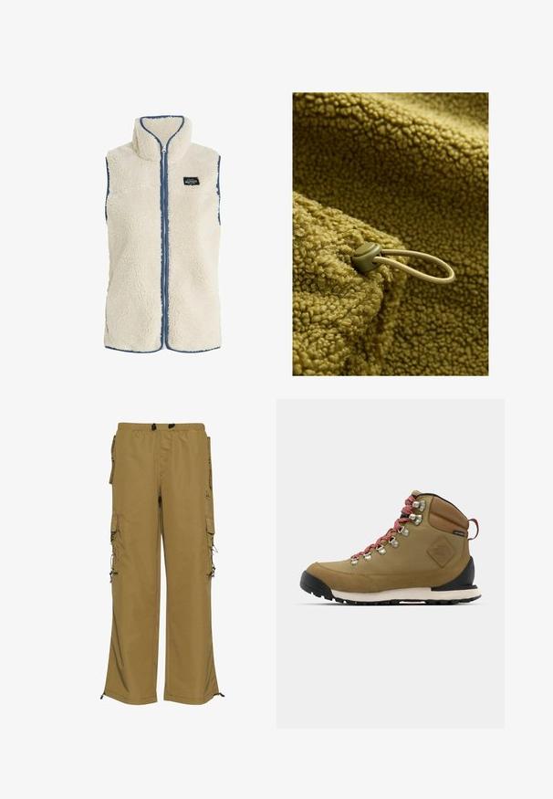 Protest PRTBODHI - Vesta - kitoffwhite; Textúrovaná olivovo-zelená fleece tkanina s mäkkým, hrubým povrchom. Obsahuje šnúrku s uzlíkom na nastavenie a zabezpečenie.; Khaki cargo nohavice s elastickým pásom, viacerými bočnými vreckami a nastaviteľnými manžetami. Vyrobené z odolnej látky s hladkou textúrou.; Hnedá turistická obuv s červenými šnúrkami, kovovými očkami, koženými detailmi a gumovou podrážkou. Má zaoblenú špičku a polstrovaný golier.
