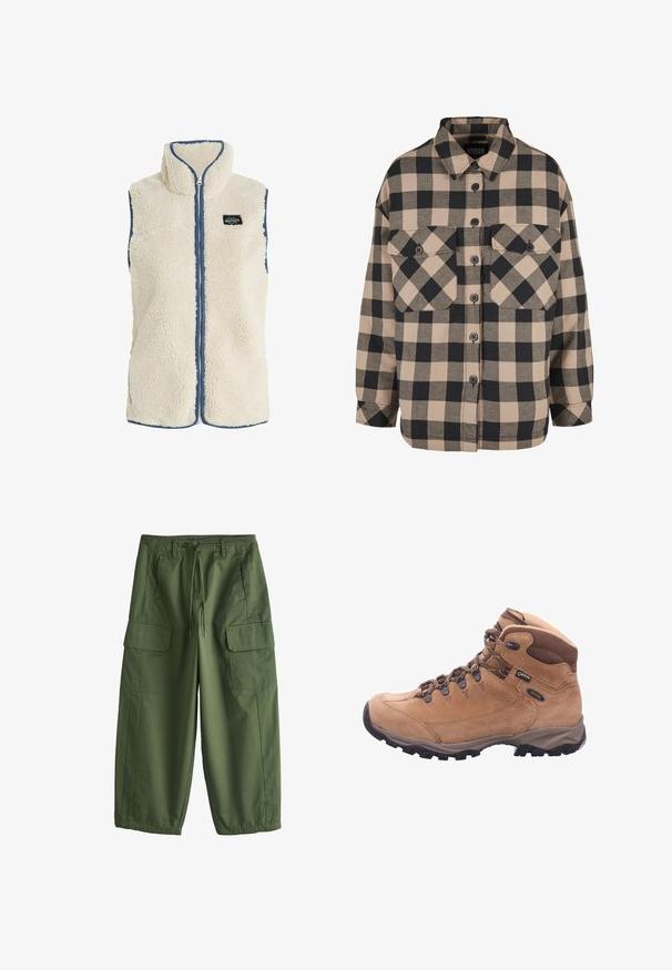 Protest PRTBODHI - Vest - kitoffwhite; Rutet flannel skjorte i beige og mørkegrå. Har en knap-ned front, to brystlommer og en nedfoldet krave. Løs pasform.; Olivenfarvede cargobukser med snor i taljen, bæltestropper, sidelommer og klaplommer på lårene, løs pasform med elastiske manchetter.; Tan vandrestøvle lavet af ruskind og syntetisk materiale med høj ankel, snørebånd foran og gummisål med dybe såler for godt greb.