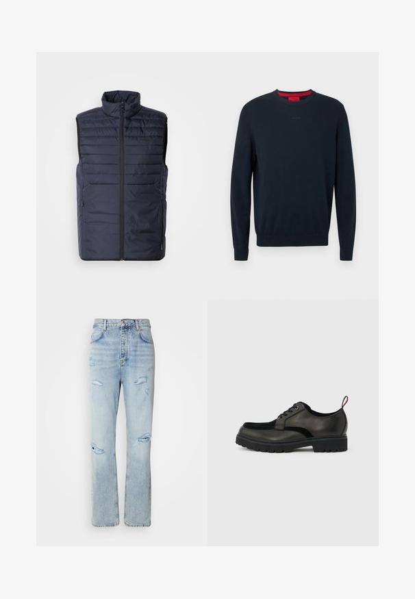 Marineblå puffervest med høj krave, lynlås foran og vandret syninger. Har sidelommer og brandlogo på brystet. Letvægtsdesign.; Mørkeblå sweater med rund hals i blødt stof. Har lange ærmer, ribbede manchetter og et lille præget logo foran.; Lysvaskede denimjeans med en afslappet pasform, der har slidte områder og frynsede kanter. Stoffet har en blød, glat tekstur.; Sort læder snøresko med tyk slidbanesål og rød hælestropp, vist i sideprofil på en lysegrå baggrund.