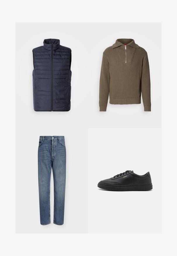 Marineblauer Steppweste mit hohem Kragen, Reißverschluss vorne und horizontalen Nähten. Mit seitlichen Taschen und Logo der Marke auf der Brust. Leichtes Design.; Brauner gerippter Pullover mit einem halben Reißverschluss und einem weiten Kragen. Verfügt über einen strukturierten Stoff und einen leicht verkürzten Saum. Schlichtes Design.; Gerade geschnittene blaue Jeans aus Denim mit hoher Taille, Frontknopfverschluss und Fünf-Taschen-Design auf einem schlichten hellen Hintergrund.; Schwarze Leder-Sneaker mit glatter Textur, runder Zehenpartie, flacher Gummisohle und einfarbigen Schnürsenkeln. Mit goldfarbenem "BOSS" Logo an der Seite.