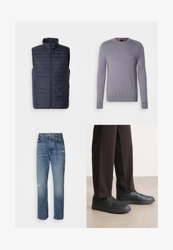 Marineblauer Steppweste mit hohem Kragen, Reißverschluss vorne und horizontalen Nähten. Mit seitlichen Taschen und Logo der Marke auf der Brust. Leichtes Design.; Helllila gestrickter Pullover mit Rundhalsausschnitt, gerippten Bündchen und Saum. Verfügt über ein kleines, gesticktes Logo auf der Brust. Glatte Textur.; Hellblaue Denim-Jeans im Straight-Leg-Design, mit einem Knopf- und Reißverschluss, fünf Taschen und leicht abgetragenen Details im Kniebereich.; Schwarze Sneakers mit einer glatten, lederähnlichen Textur, runder Zehenpartie und Schnürdesign. Kombiniert mit dunklen, locker sitzenden Hosen. Flache Gummisohle.