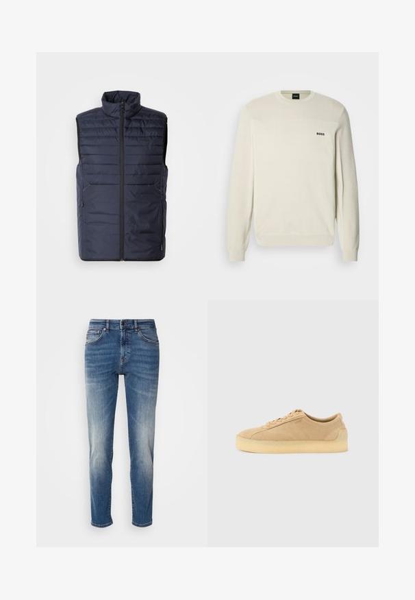 Marineblå puffervest med høj krave, lynlås foran og vandret syninger. Har sidelommer og brandlogo på brystet. Letvægtsdesign.; Cremefarvet sweater med rund hals, tekstureret stof, ribstrikkede manchetter og kant. Har en sort "BOSS"-logo på brystet.; Blå denimjeans med lige ben, let falmet finish, klassisk fem-lomme-design og lynlås med knaplukning.; Beige ruskind lavtop-sneaker med tyk gummsål, snørebånd foran og diskret branding på siden på en ensartet lys grå baggrund.