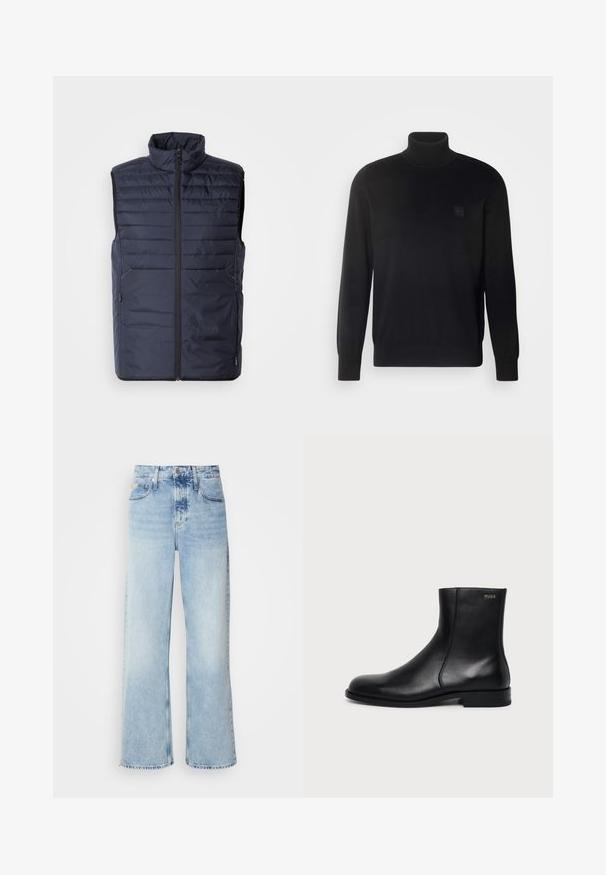 Marineblauer Steppweste mit hohem Kragen, Reißverschluss vorne und horizontalen Nähten. Mit seitlichen Taschen und Logo der Marke auf der Brust. Leichtes Design.; Schwarzer Rollkragenpullover mit langen Ärmeln, geripptem Kragen und Bündchen, aus einem glatten Stoff gefertigt. Mit einem kleinen Logo-Patch auf der Brust.; Helle blaue weite Jeans mit hoher Taille, in verwaschenem Finish, mit Gürtelschlaufen und klassischem Fünf-Taschen-Design. Der Saum ist ungesäumt.; Schwarzer Leder-Knöchelstiefel mit niedrigem Absatz, seitlicher Naht und kleinem "HUGO" Logo am oberen Schaft vor einfarbigem Hintergrund.