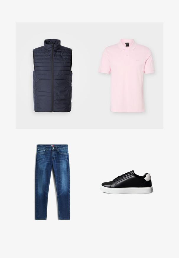 Marineblauer Steppweste mit hohem Kragen, Reißverschluss vorne und horizontalen Nähten. Mit seitlichen Taschen und Logo der Marke auf der Brust. Leichtes Design.; Hellrosa Polohemd mit kurzen Ärmeln, Kragen, zwei Knöpfen und dezentem "BOSS"-Logo auf der linken Brust.; Blaue Slim-Fit-Jeans mit subtiler Ausbleichung, Fünf-Taschen-Design, Knopfverschluss und kleinem Logo-Patch auf der vorderen rechten Tasche.; Schwarzer Leder-Sneaker mit niedrigem Schaft, schwarzen Schnürsenkeln, weißer Gummisohle und weißem Wildleder-Akzent an der Ferse, im Seitenprofil auf weißem Hintergrund dargestellt.