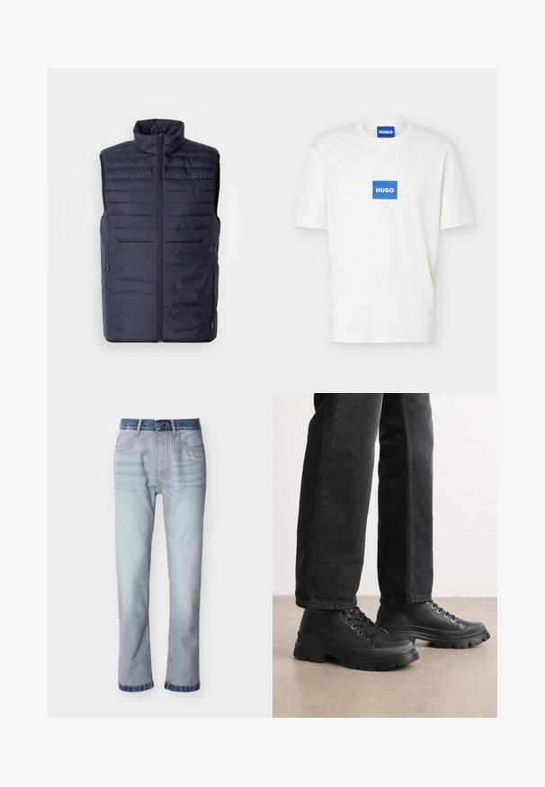 Marineblauer Steppweste mit hohem Kragen, Reißverschluss vorne und horizontalen Nähten. Mit seitlichen Taschen und Logo der Marke auf der Brust. Leichtes Design.; Weißes T-Shirt mit kurzen Ärmeln und Rundhalsausschnitt, mit einem blauen rechteckigen Logo mit der Aufschrift "HUGO" zentriert auf der Brust und im inneren Kragen.; Hellblaue Jeans aus Denim mit einem dunkelblauen Bund, geradem Beinverlauf, fünf Taschen und sichtbaren Nahtdetails.; Schwarze Schnürsneaker mit einer klobigen, strukturierten Sohle und glattem Obermaterial. Mit Metallösen und einem gerippten Akzent um die Zehenpartie.